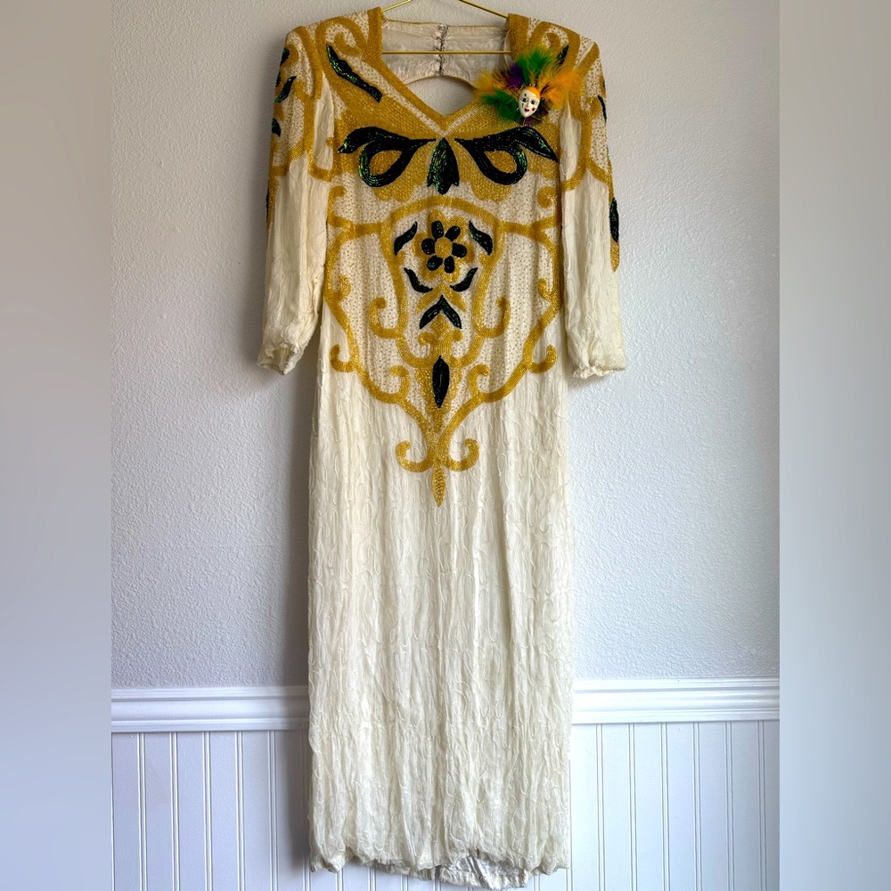 VTG 100% Silk Beaded Sequin Midi Dress Women Sz: M Ivory 80s Prom Glam Retro